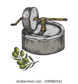 Ancient olive oil press sketch engraving vector illustration. T-shirt apparel print design. Scratch board imitation. Black and white hand drawn image.