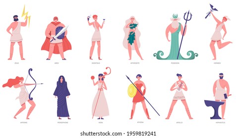 Ancient olympic gods. Greek gods and goddesses, zeus, poseidon, athena, dionysus and ares. Olympic gods cartoon characters vector illustration set. Ancient mythology greek, set of gods