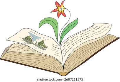 Um livro aberto antigo com uma flor crescendo fora dele