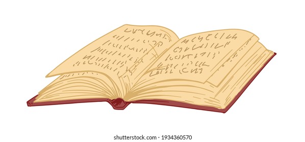 Ancient open book in hardcover with old pages. Antique thick textbook or notebook with notes. Hand-drawn colored vector illustration of historical literature isolated on white background