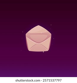 Ancient open parchment envelope vector flat illustration. Cartoon empty letter with sparks. Old paper mail envelope on purple background. Post message symbol, game correspondence or postal package