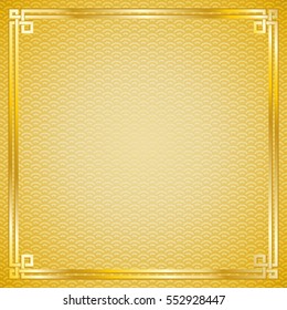 Ancient oriental vintage golden frame on gold pattern background for chinese new year celebration card, vector illustration