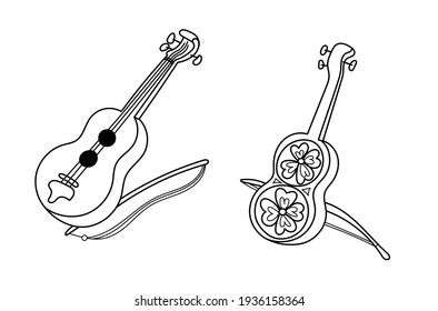 Ancient ornamented stringed instrument, violin. Front and back view. Sketch black line cartoon hand drawn style vector illustration, isolated on white background.