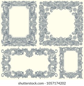 Ancient ornate frames. Design set. Hand drawn engraving. Vector vintage illustration. 8 EPS