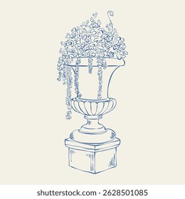 Ancient outdoor stone vase with flower. Hand drawing whimsical victorian garden urn. Vintage street carved plant urn. Italian summer european style vector illustration for invitation, poster, card.