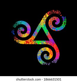 Ancient pagan Scandinavian sacred symbol Celtic cross, knot, a symbol of the Druids, Triskele, Odin's Horn, Triquetra. Multicolored vector isolated print on checkered background