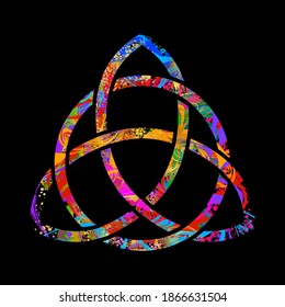 Ancient pagan Scandinavian sacred symbol Celtic cross, knot, a symbol of the Druids, Triskele, Odin's Horn, Triquetra. Multicolored vector isolated print on checkered background