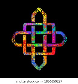 Ancient pagan Scandinavian sacred symbol Celtic cross, knot, a symbol of the Druids, Triskele, Odin's Horn, Triquetra. Multicolored vector isolated print on checkered background