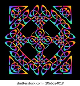Ancient pagan Scandinavian sacred symbol Celtic cross, knot, a symbol of the Druids, Triskele, Odin's Horn, Triquetra. Multicolored vector isolated print on checkered background