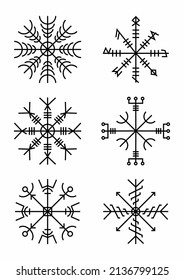 
Ancient pagan talisman. Vector set of mystical viking runes. Norse amulet, ethnic talisman. Isolated icon set of line art signs, tattoo sketches.