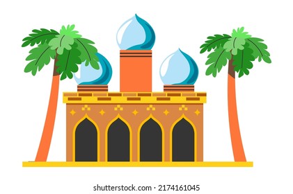 Ancient palace or mosque for muslims to pray. Landmark or attraction in Arabic country, culture and heritage. Architectural building with domes and arches, palm trees exterior. Vector in flat style