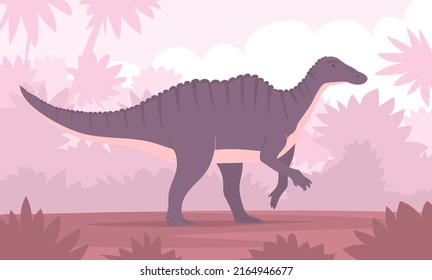 Ancient pangolin hadrosaur. Herbivorous dinosaur of the Jurassic period. Tropical forest background. Prehistoric animal and paleontology. Vector cartoon illustration