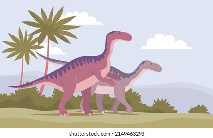 Ancient pangolin iguanodon. Herbivorous dinosaur of the Jurassic period. Vector cartoon illustration. Prehistoric nature background. Wild landscape