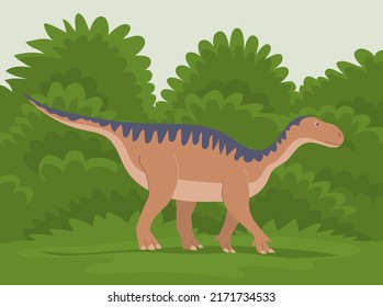 Ancient pangolin iguanodon. Herbivorous dinosaur of the Jurassic period. Vector cartoon illustration. Prehistoric nature background. Wild green landscape