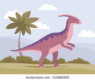 Ancient pangolin parasaurolophus. Prehistoric animal with a horn on its head. Herbivorous dinosaur of the Jurassic period. Vector cartoon illustration. Wild landscape