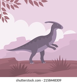 Ancient pangolin parasaurolophus. Prehistoric animal with a horn on head. Herbivorous dinosaur of the Jurassic period. Science paleontology. Vector cartoon illustration. Wild landscape