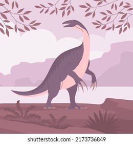 Ancient pangolin therizinosaurus. Big lizard with long claws. Herbivorous dinosaur of the Jurassic period. Wildlife background. Prehistoric animal and paleontology. Vector cartoon illustration