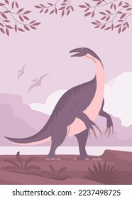 Ancient pangolin therizinosaurus. Big lizard with long claws. Herbivorous dinosaur of the Jurassic period. Wildlife background. Prehistoric animal and paleontology. Vector cartoon illustration