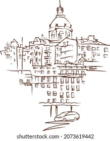 Ancient panorama of Lisbon, Portugal. drawing of urban landscape in hand drawn sketch style. Vector illustration on white background.