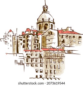 Ancient panorama of Lisbon, Portugal. drawing of urban landscape in hand drawn sketch style. Vector illustration on white background.