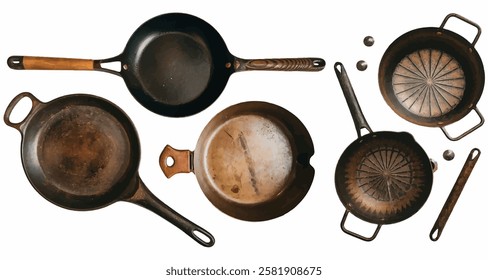 ancient pans different type isolated on white