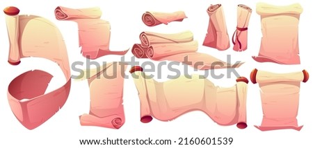 Ancient paper, parchment scrolls, antique manuscripts. Vector cartoon set of vintage blank letters, documents, rolled up empty paper sheets and pages isolated on white background