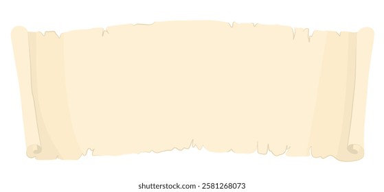 Ancient paper scroll with empty space for text. Horizontal banner format. Magic papyrus scroll, unfolded page. Element for game design. Vector illustration isolated on transparent background.