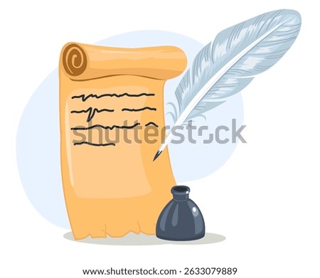 Ancient paper scroll with text and pen for writing letter in ink. Medieval parchment. Inkwell with feather quill. Old document. Historical message. Antique writer. Vintage roll sheet. Vector concept
