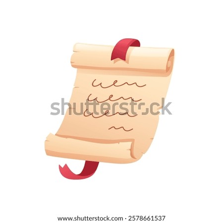 Ancient paper scroll. Vintage manuscript, aged parchment with ribbon. Classic historical document on papyrus. Medieval letter, handwriting text. Flat vector illustration isolated on white background