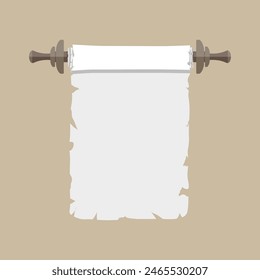 Ancient paper scroll with wooden handles. vector illustration in flat style isolated on brown background