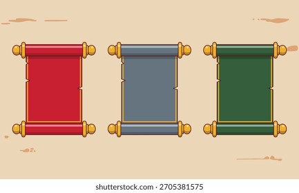 Ancient paper scrolls set in red, grey, and green color