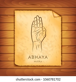 Ancient papyrus with the image of Abhaya-mudra on a wooden background. Symbol in Buddhism or Hinduism concept. Yoga technique for meditation. Promote physical and mental health. Vector illustration