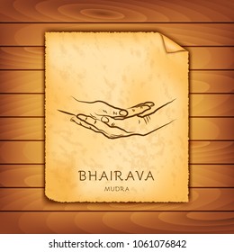 Ancient papyrus with the image of Bhairava-mudra on a wooden background. Symbol in Buddhism or Hinduism concept. Yoga technique for meditation. Promote physical and mental health. Vector illustration