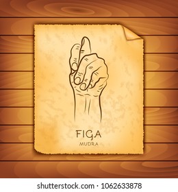 Ancient papyrus with the image of Figa-mudra on a wooden background. Symbol in Buddhism or Hinduism concept. Yoga technique for meditation. Promote physical and mental health. Vector illustration