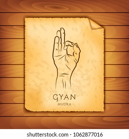 Ancient papyrus with the image of Gyan-mudra on a wooden background. Symbol in Buddhism or Hinduism concept. Yoga technique for meditation. Promote physical and mental health. Vector illustration