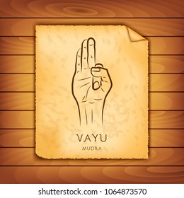 Ancient papyrus with the image of Vayu-mudra on a wooden background. Symbol in Buddhism or Hinduism concept. Yoga technique for meditation. Promote physical and mental health. Vector illustration