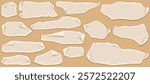 Ancient papyrus. Ragged parchment scrolls, antique manuscripts. Set vintage blank letters, documents, rolled up empty paper sheets and pages. Vector cartoon objects isolated on brown background.