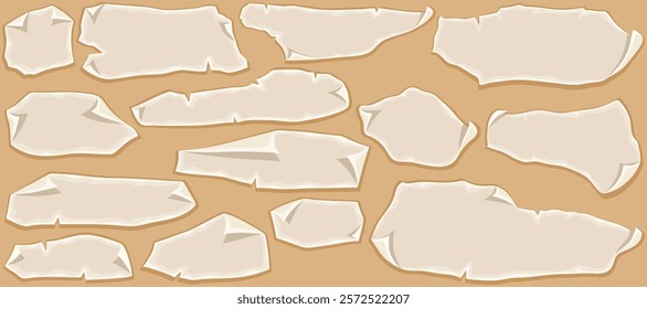 Ancient papyrus. Ragged parchment scrolls, antique manuscripts. Set vintage blank letters, documents, rolled up empty paper sheets and pages. Vector cartoon objects isolated on brown background.