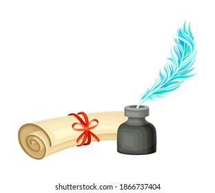 Ancient Papyrus Scroll Binded with Red Ribbon and Quill in Inkstand Vector Illustration