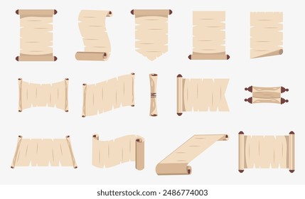 Ancient papyrus scroll collection on a white background