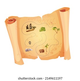 Ancient Parchment Pirate's Treasure Map, Paper With Vintage Texture. Cartoon Vector Illustration For 2d Game.