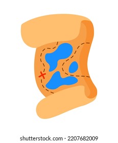 Mapa del tesoro del antiguo pergamino pirata. Icono vectorial de dibujos animados aislado en fondo blanco.