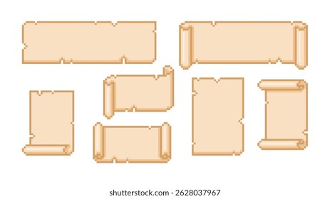 Ancient parchment roll, old paper scroll blank pixel art Y2K vector set. Cartoon open convolute antique manuscript or papyrus document template with ripped edges, squared contour digital 8 bit style