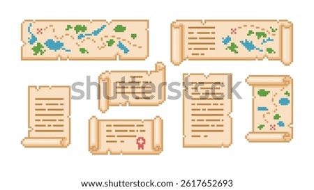 Ancient parchment roll, old paper scroll pixel art Y2K vector set. Cartoon open convolute diploma with seal, map, letter, manuscript document with ripped edges and squared contour digital 8 bit style