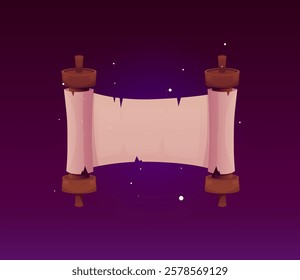 Ancient parchment roll vector banner. Game paper blank scroll on wooden hubs on purple background. Cartoon open horizontal antique papyrus with vintage texture and ripped edges, space for text