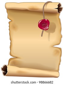 Ancient Parchment Scroll with a King seal. Vector Illustration (EPS v.10)