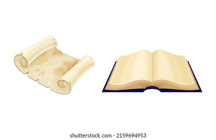 Ancient parchment scroll and opened old book set vector illustration