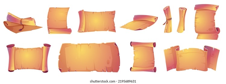 Ancient parchment scrolls, old manuscripts. Black antique letters, rolled up documents, empty vintage yellow paper sheets isolated on white background, vector cartoon set