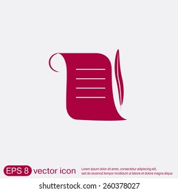 Ancient parchment sheet of paper and a quill to write icon. vector icon