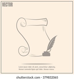 ancient parchment sheet of paper and a quill to write icon